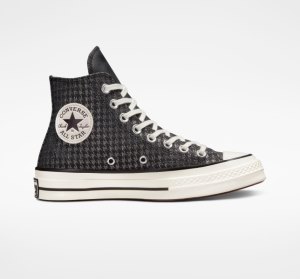 Black / Silver Women's Converse Chuck 70 Houndstooth Shine High Tops | OFE-651372