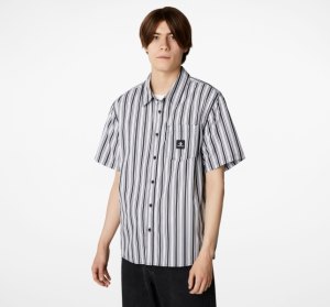 Black / White Stripes Men's Converse Striped Button Down T Shirts | NGO-093167