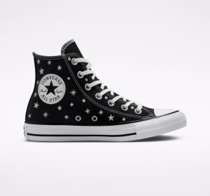 Black / White Women's Converse Chuck Taylor All Star Embroidered Stars High Tops | DQJ-723658