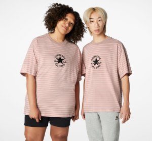 Grey Purple Stripes Men's Converse Go-To Striped All Star Patch Loose Fit T Shirts | HKJ-951820