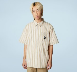 Light Beige / Khaki Stripes Men's Converse Striped Button Down T Shirts | KPU-572189
