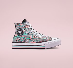 Light Turquoise / Coral Kids' Converse Chuck Taylor All Star Lift Swirl Platform Shoes | HIK-057348